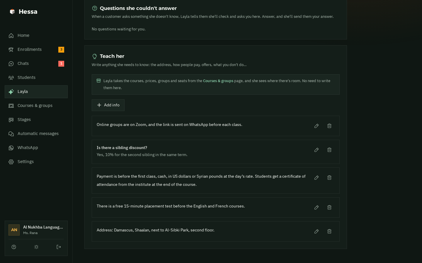 The «Teach her» page: information the institute owner wrote, which the assistant answers from