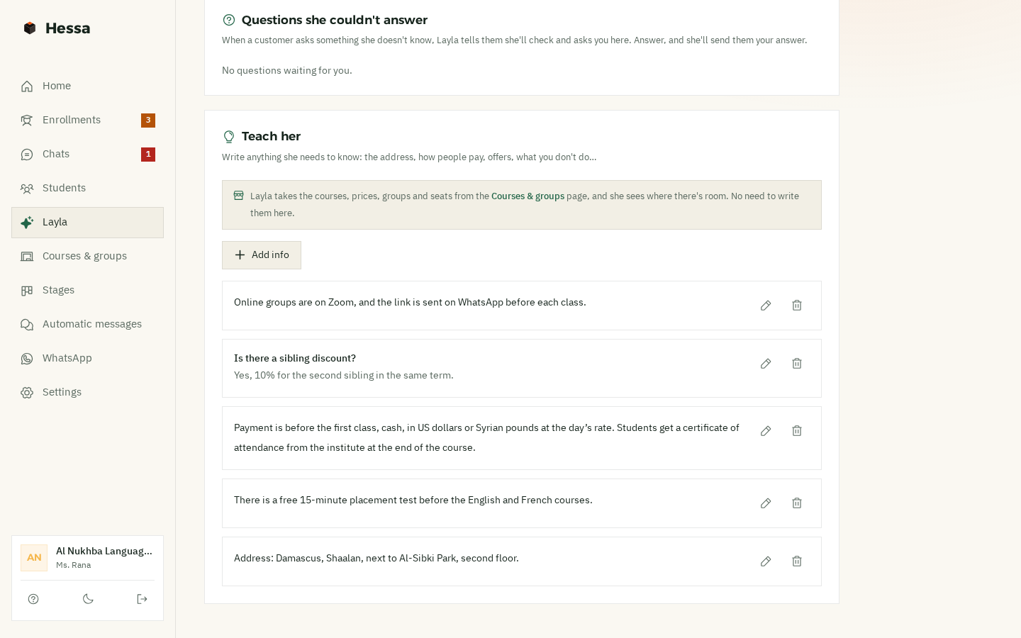 The «Teach her» page: information the institute owner wrote, which the assistant answers from