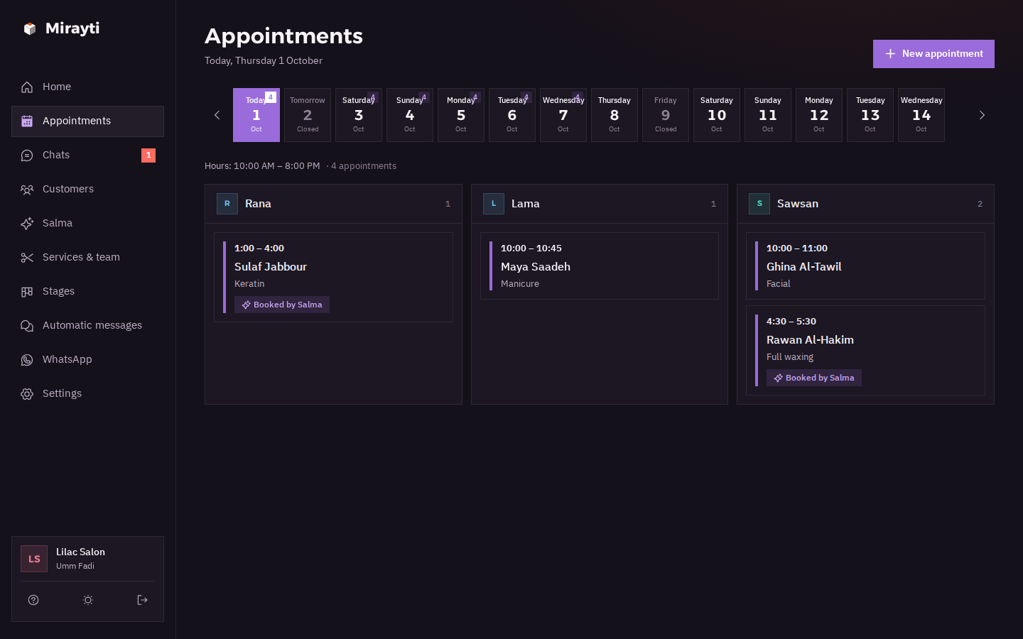 The appointment calendar in Mirayti