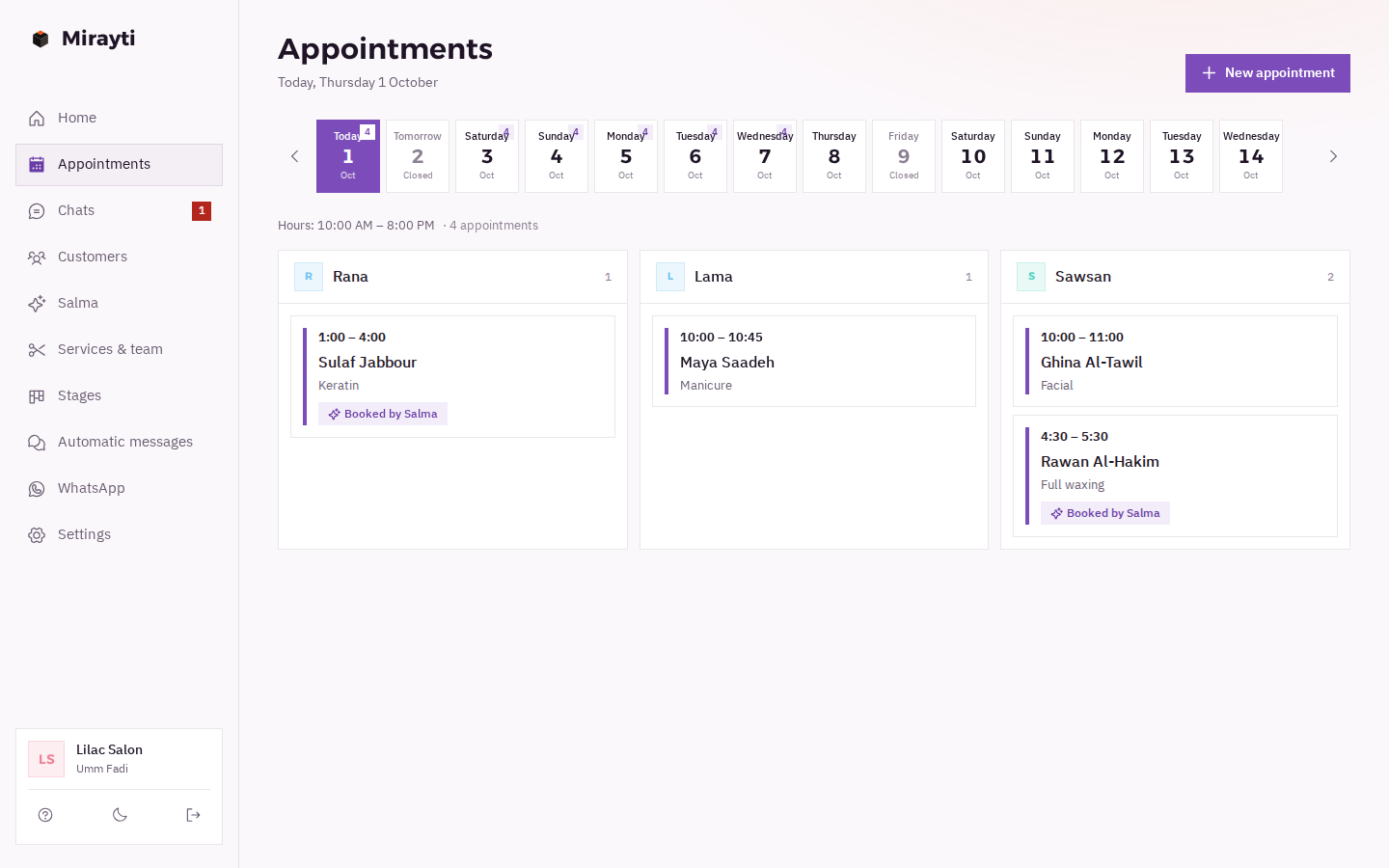 The appointment calendar in Mirayti