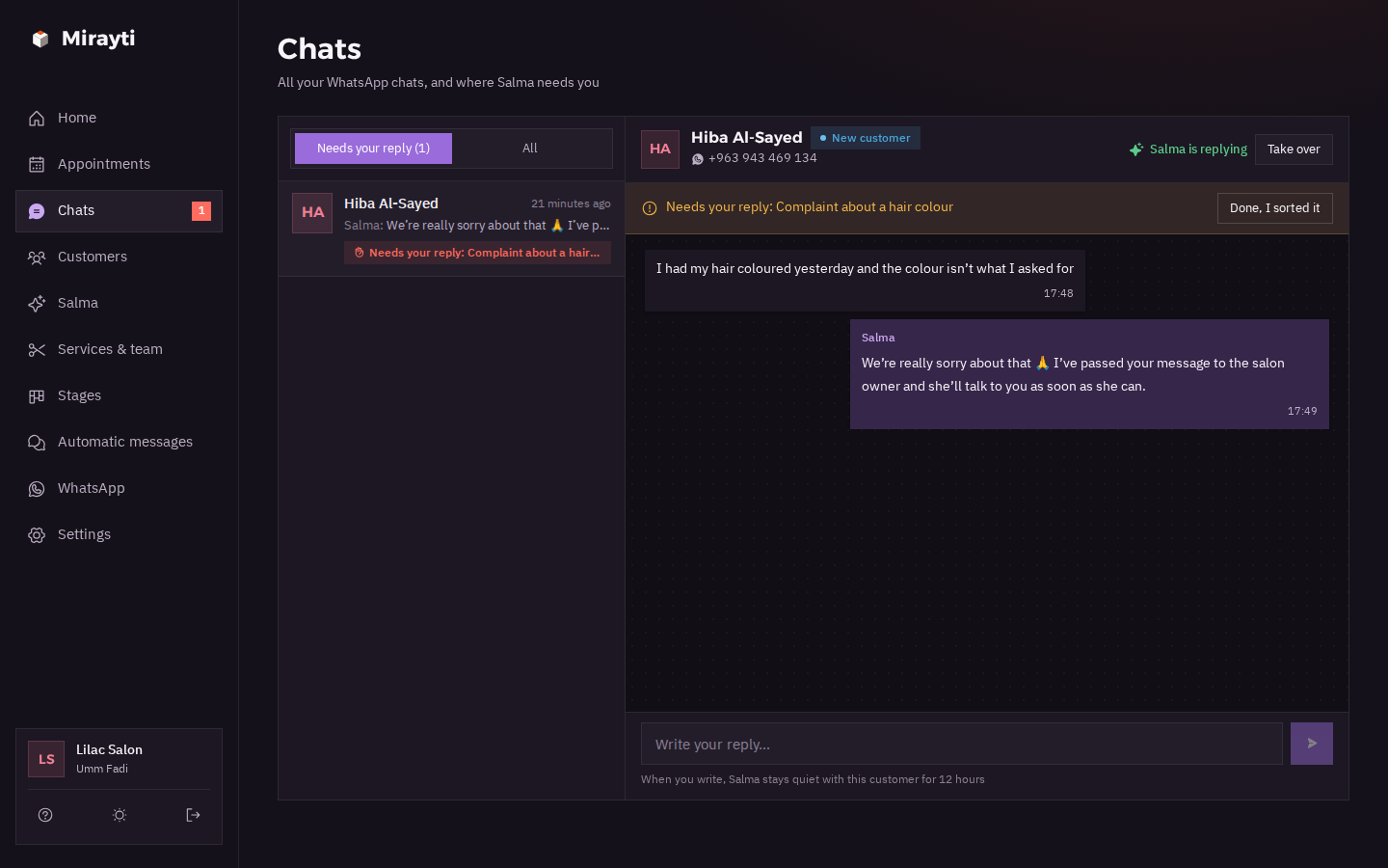 Chats: a complaint that needs the salon owner's reply, and a «Take over» button