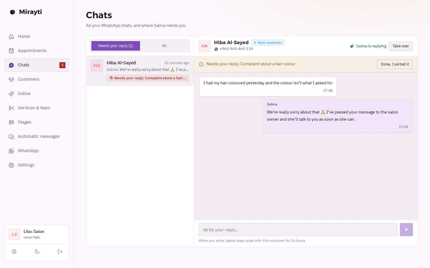 Chats: a complaint that needs the salon owner's reply, and a «Take over» button